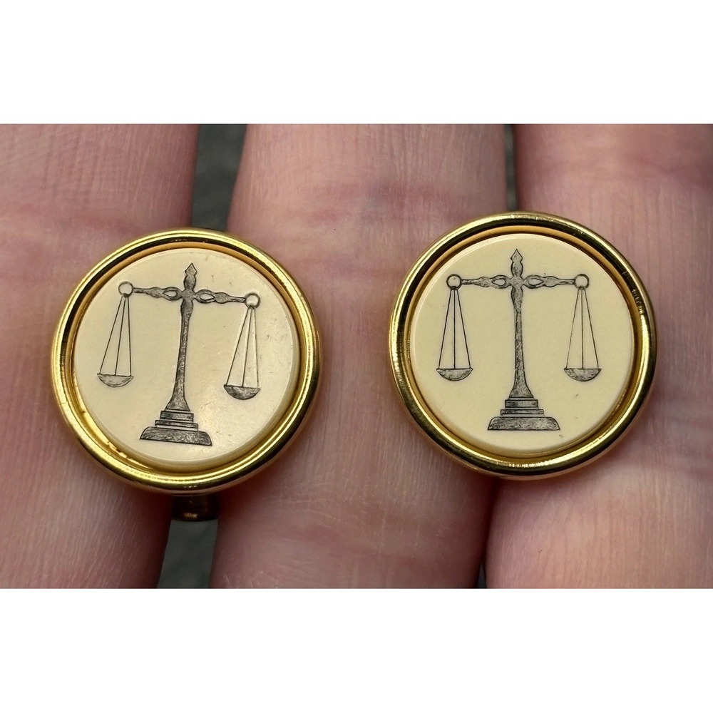 Vintage Barlow Scales of Justice Lawyer Judge Law Enamel Cufflinks Gold Tone